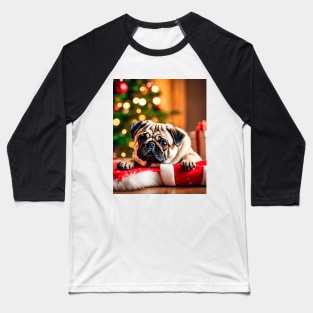 Pug Dog by Christmas Tree with Gifts Baseball T-Shirt